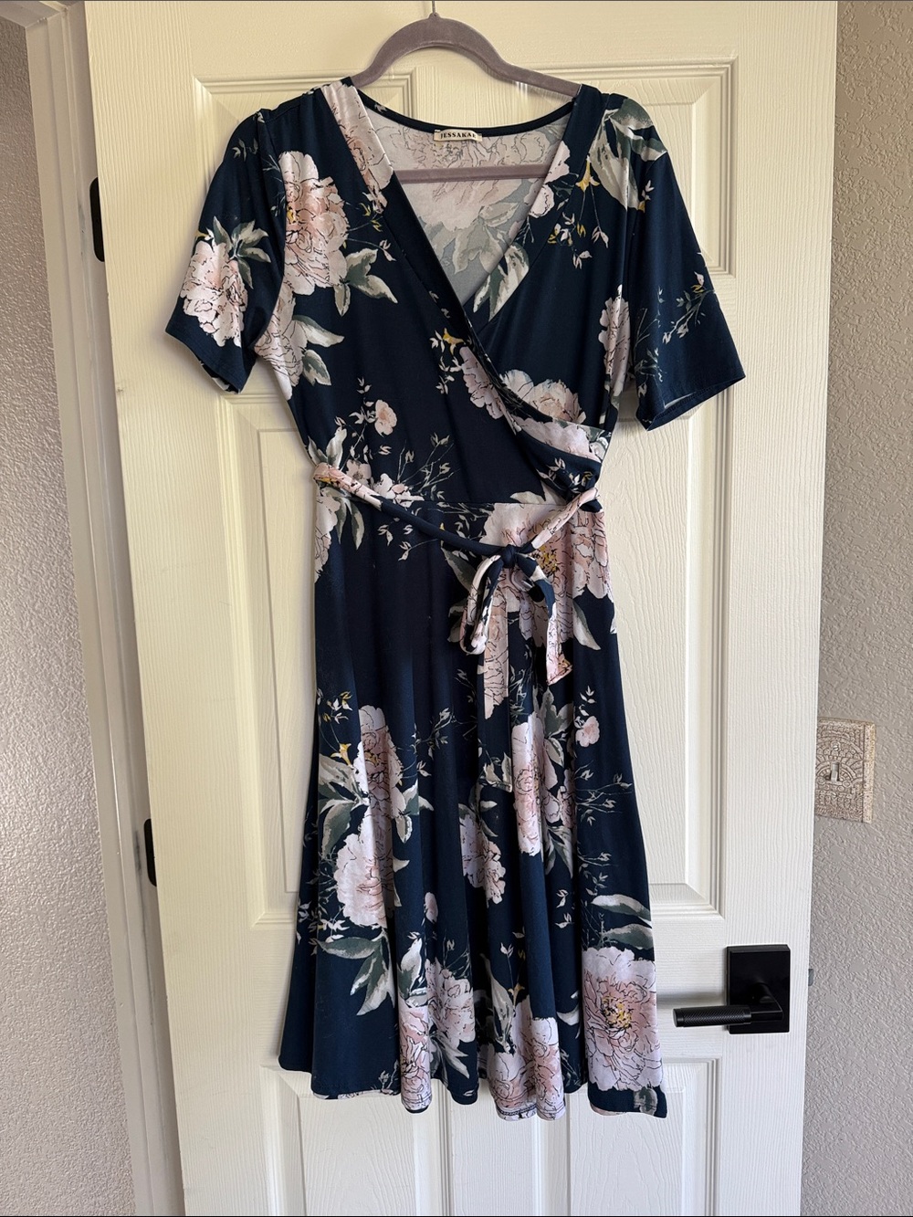 JessaKae Navy Floral Wrap Dress with Blush Blooms